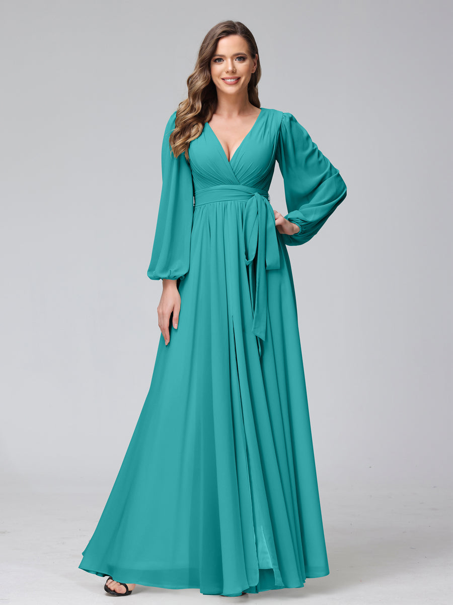 Ligne A Col en V Manches Longues Mousseline Long Robes de Demoiselle d'Honneur avec Froufrous Côté Divisé