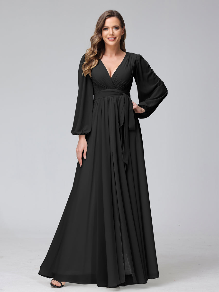 Ligne A Col en V Manches Longues Mousseline Long Robes de Demoiselle d'Honneur avec Froufrous Côté Divisé