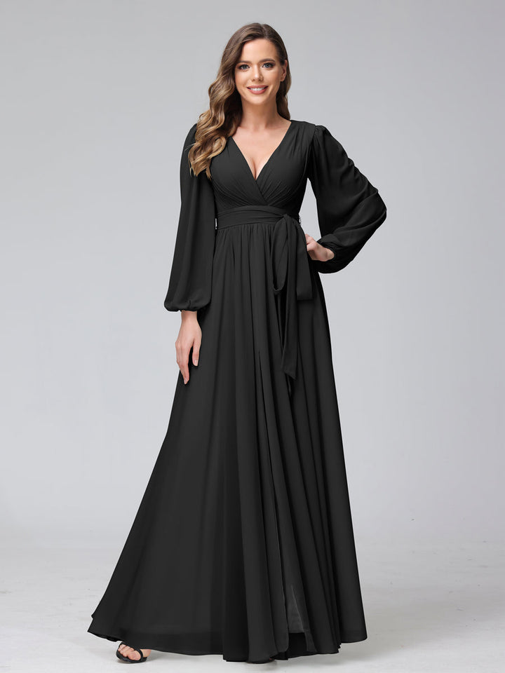 Ligne A Col en V Manches Longues Mousseline Long Robes de Demoiselle d'Honneur avec Froufrous Côté Divisé