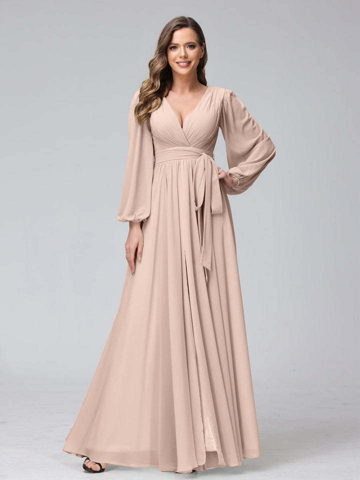 Ligne A Col en V Manches Longues Mousseline Long Robes de Demoiselle d'Honneur avec Froufrous Côté Divisé