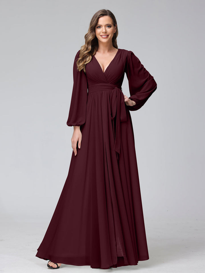 Ligne A Col en V Manches Longues Mousseline Long Robes de Demoiselle d'Honneur avec Froufrous Côté Divisé