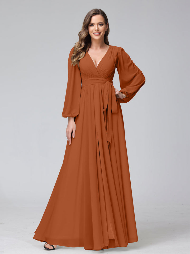 Ligne A Col en V Manches Longues Mousseline Long Robes de Demoiselle d'Honneur avec Froufrous Côté Divisé