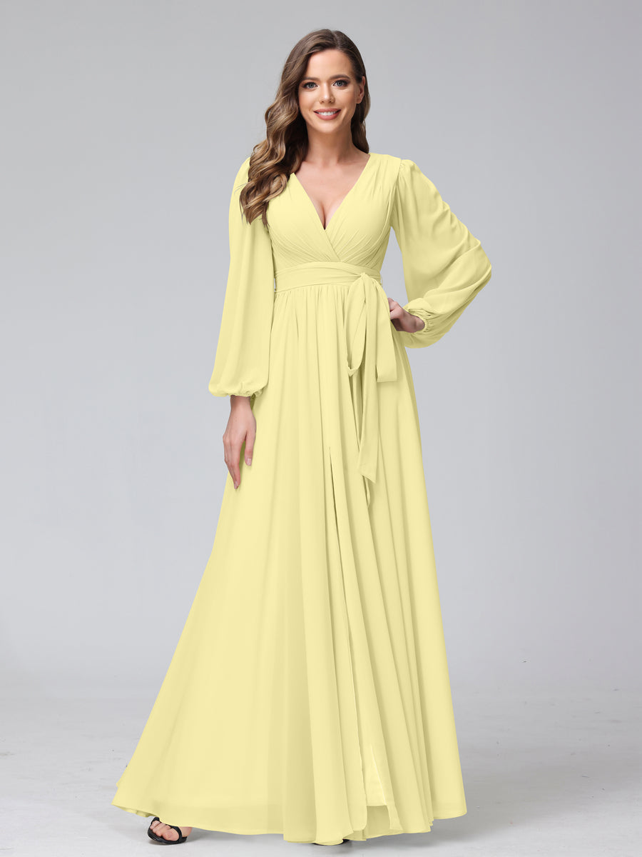 Ligne A Col en V Manches Longues Mousseline Long Robes de Demoiselle d'Honneur avec Froufrous Côté Divisé