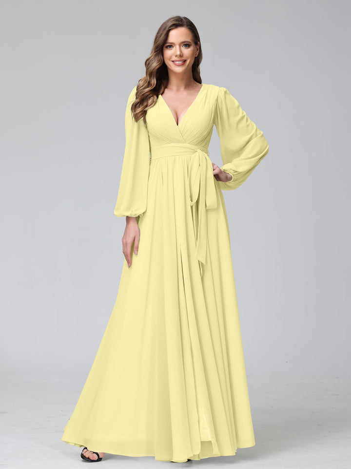 Ligne A Col en V Manches Longues Mousseline Long Robes de Demoiselle d'Honneur avec Froufrous Côté Divisé
