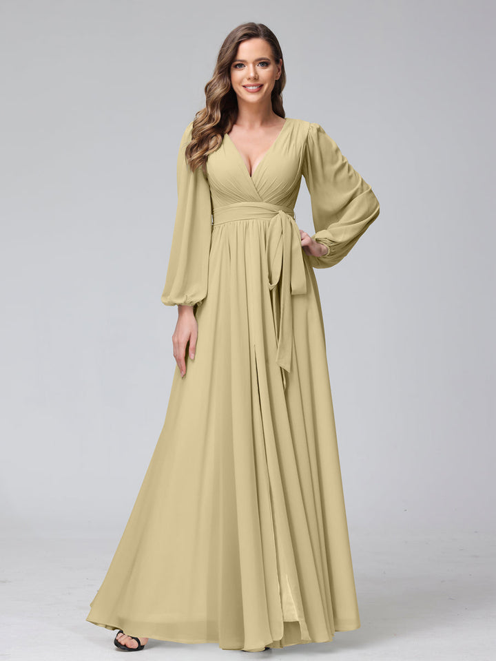 Ligne A Col en V Manches Longues Mousseline Long Robes de Demoiselle d'Honneur avec Froufrous Côté Divisé