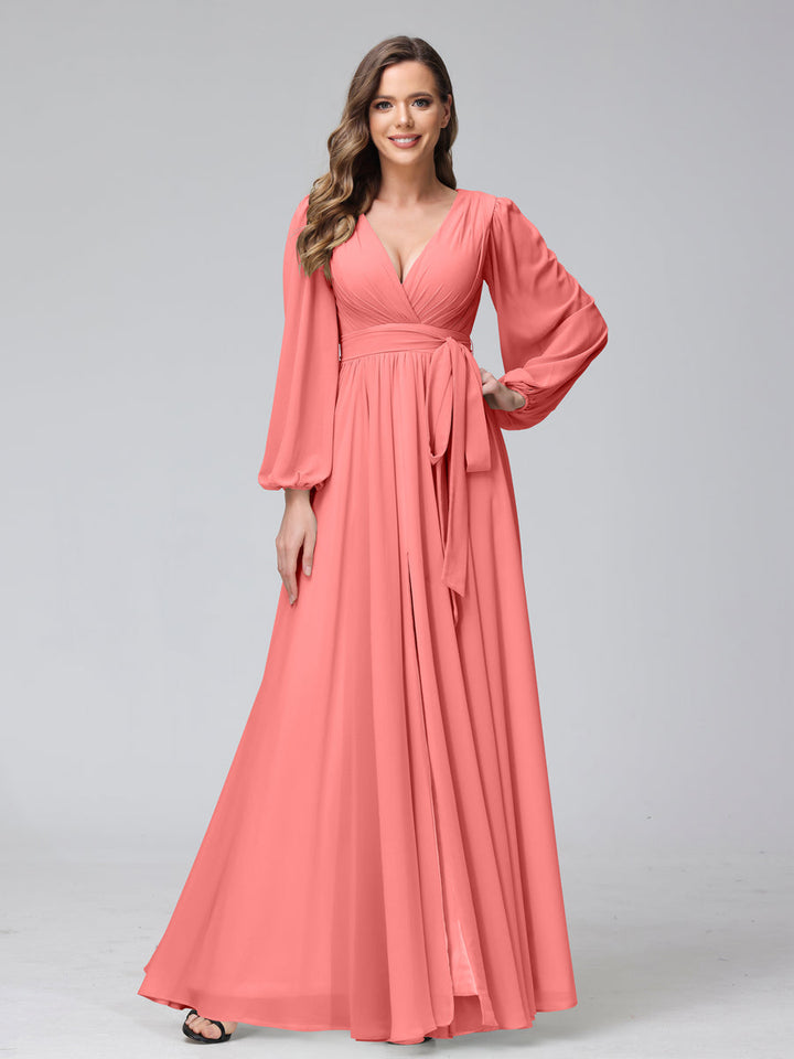 Ligne A Col en V Manches Longues Mousseline Long Robes de Demoiselle d'Honneur avec Froufrous Côté Divisé