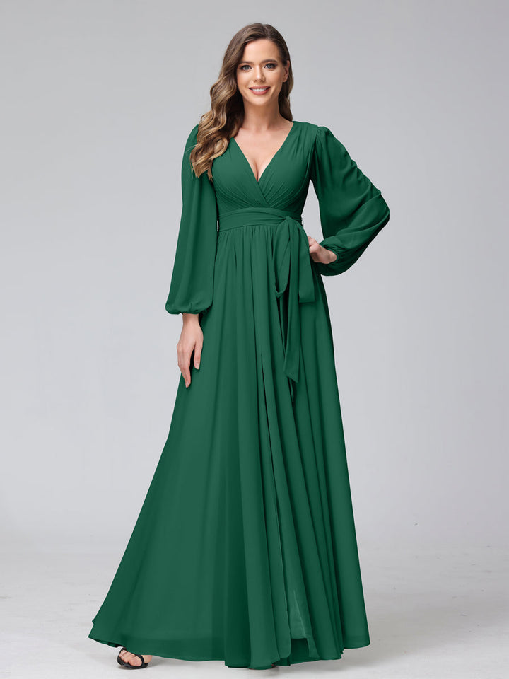 Ligne A Col en V Manches Longues Mousseline Long Robes de Demoiselle d'Honneur avec Froufrous Côté Divisé