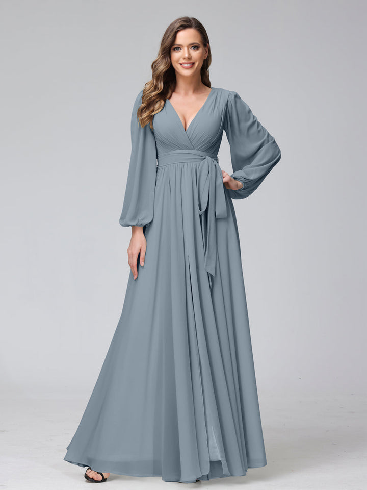 Ligne A Col en V Manches Longues Mousseline Long Robes de Demoiselle d'Honneur avec Froufrous Côté Divisé