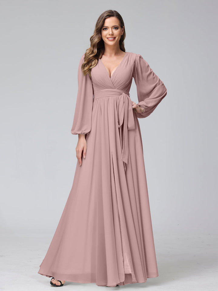 Ligne A Col en V Manches Longues Mousseline Long Robes de Demoiselle d'Honneur avec Froufrous Côté Divisé