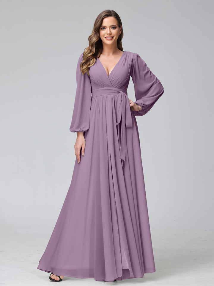 Ligne A Col en V Manches Longues Mousseline Long Robes de Demoiselle d'Honneur avec Froufrous Côté Divisé