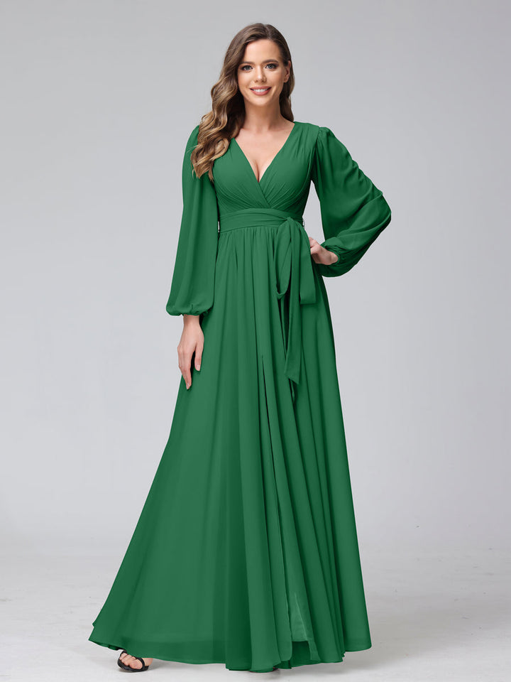 Ligne A Col en V Manches Longues Mousseline Long Robes de Demoiselle d'Honneur avec Froufrous Côté Divisé