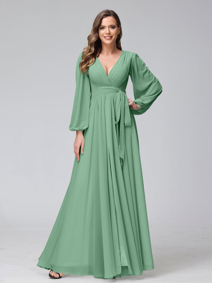 Ligne A Col en V Manches Longues Mousseline Long Robes de Demoiselle d'Honneur avec Froufrous Côté Divisé