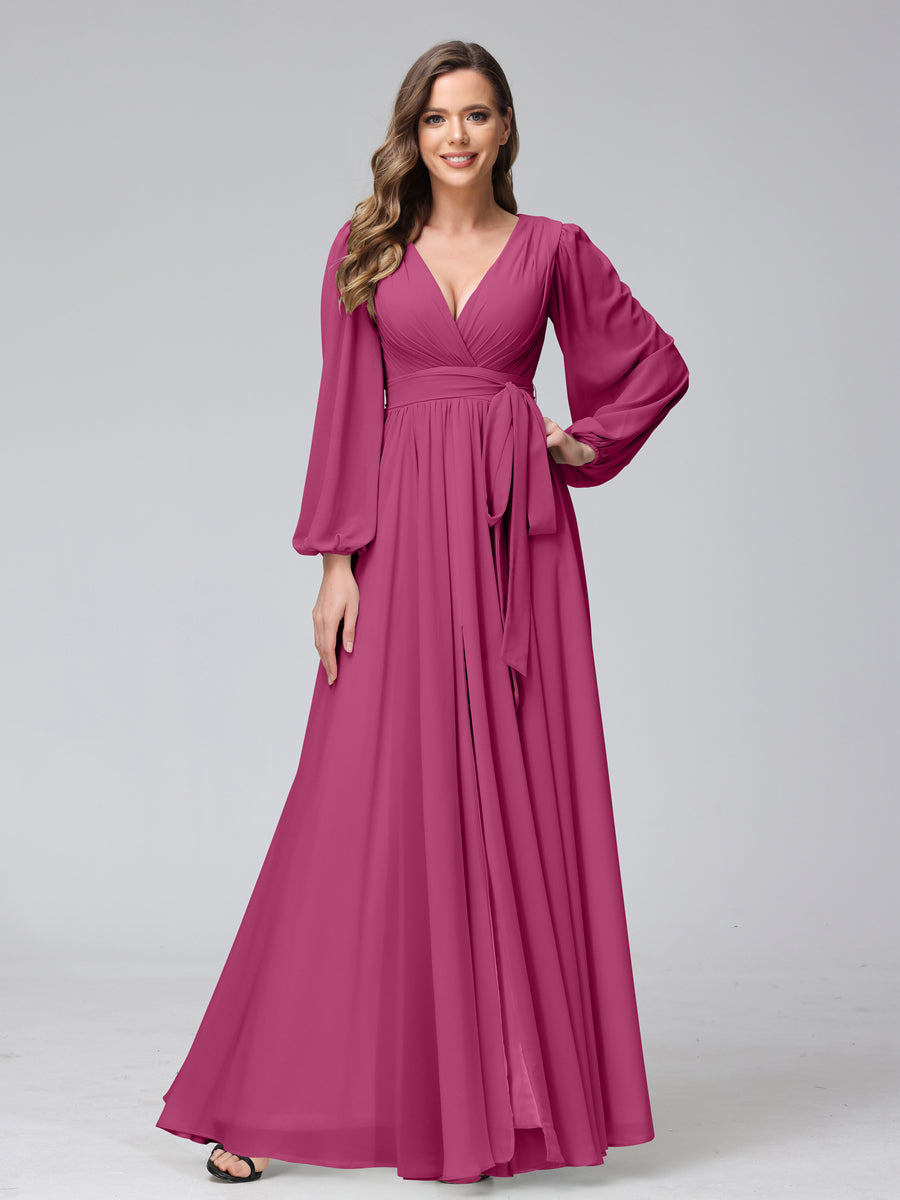 Ligne A Col en V Manches Longues Mousseline Long Robes de Demoiselle d'Honneur avec Froufrous Côté Divisé