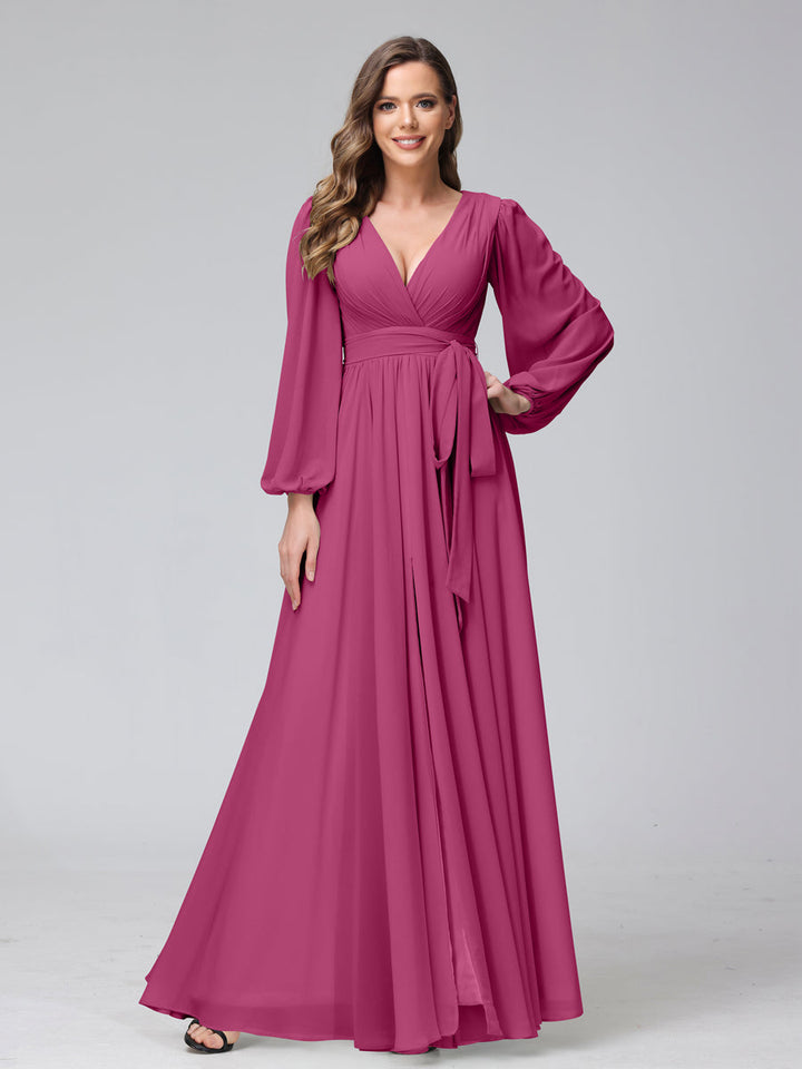 Ligne A Col en V Manches Longues Mousseline Long Robes de Demoiselle d'Honneur avec Froufrous Côté Divisé