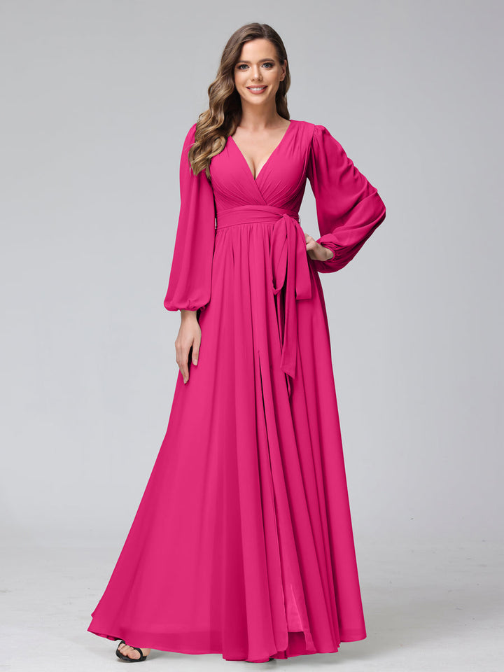Ligne A Col en V Manches Longues Mousseline Long Robes de Demoiselle d'Honneur avec Froufrous Côté Divisé