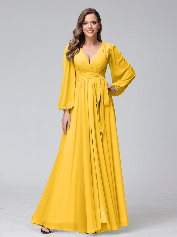Ligne A Col en V Manches Longues Mousseline Long Robes de Demoiselle d'Honneur avec Froufrous Côté Divisé