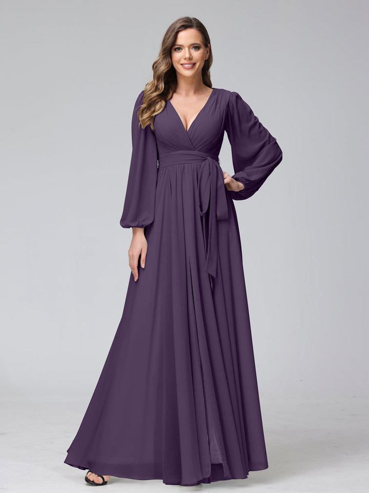 Ligne A Col en V Manches Longues Mousseline Long Robes de Demoiselle d'Honneur avec Froufrous Côté Divisé