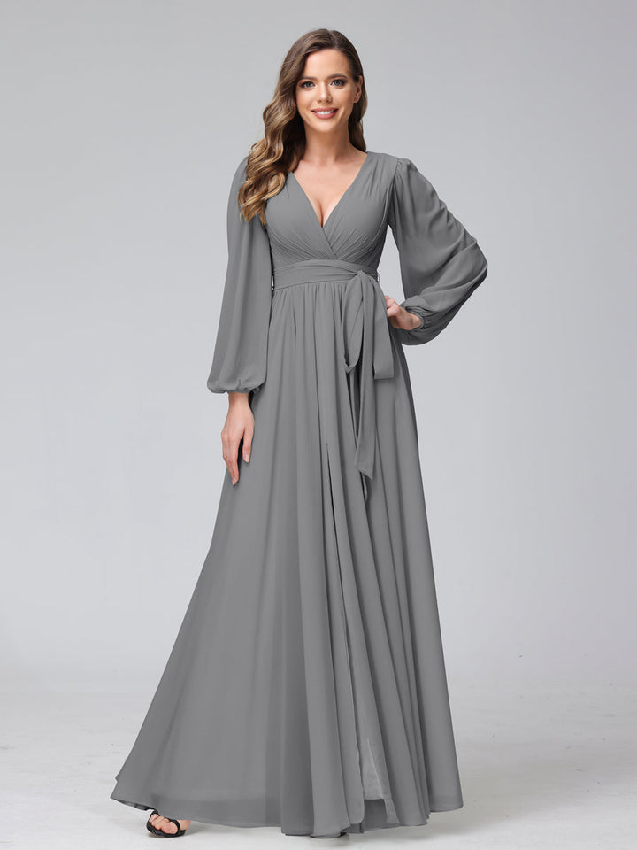 Ligne A Col en V Manches Longues Mousseline Long Robes de Demoiselle d'Honneur avec Froufrous Côté Divisé