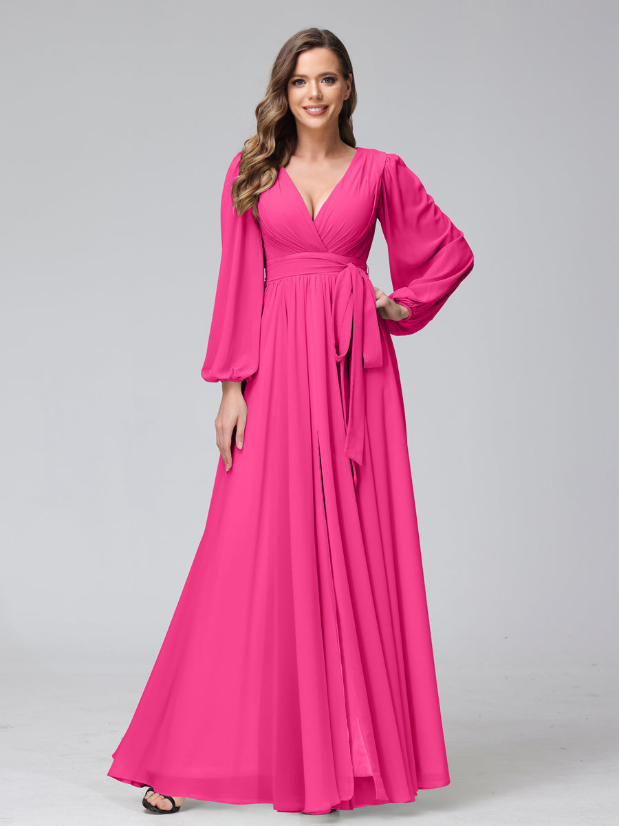 Ligne A Col en V Manches Longues Mousseline Long Robes de Demoiselle d'Honneur avec Froufrous Côté Divisé