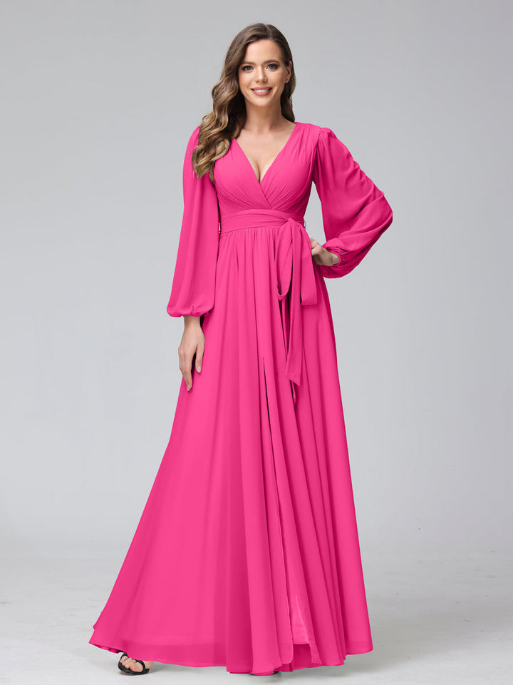 Ligne A Col en V Manches Longues Mousseline Long Robes de Demoiselle d'Honneur avec Froufrous Côté Divisé