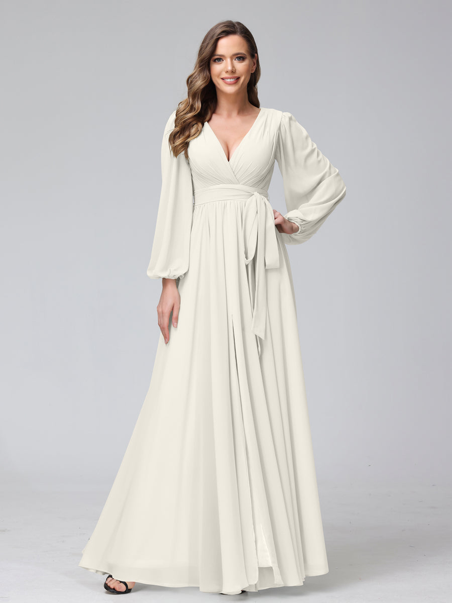 Ligne A Col en V Manches Longues Mousseline Long Robes de Demoiselle d'Honneur avec Froufrous Côté Divisé