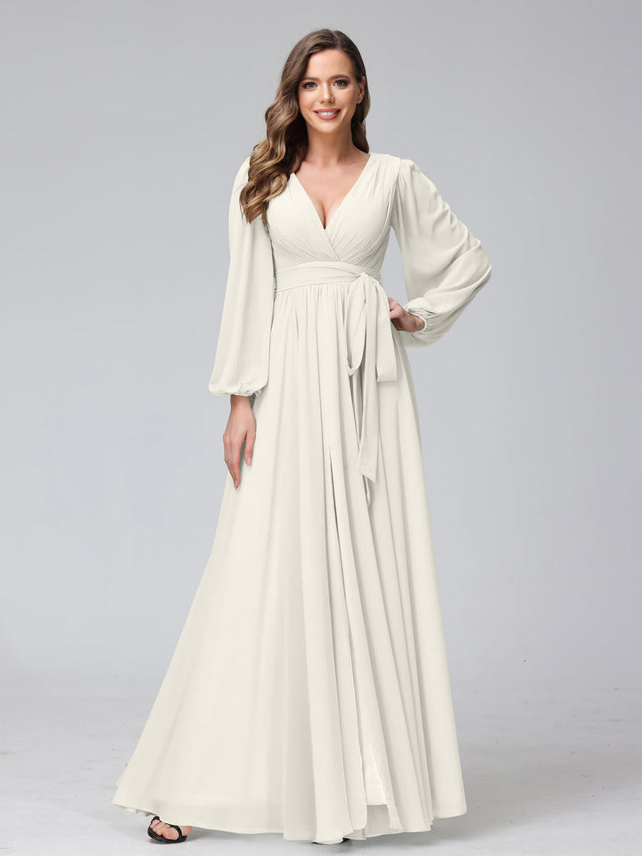 Ligne A Col en V Manches Longues Mousseline Long Robes de Demoiselle d'Honneur avec Froufrous Côté Divisé