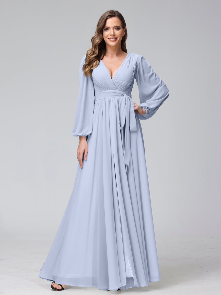 Ligne A Col en V Manches Longues Mousseline Long Robes de Demoiselle d'Honneur avec Froufrous Côté Divisé