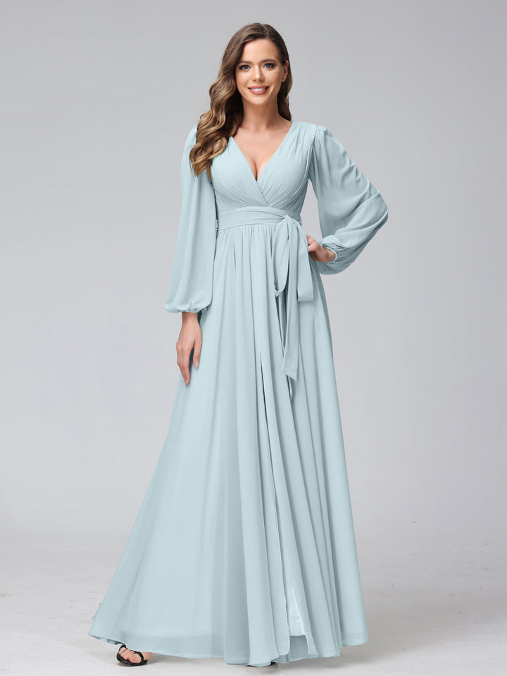 Ligne A Col en V Manches Longues Mousseline Long Robes de Demoiselle d'Honneur avec Froufrous Côté Divisé