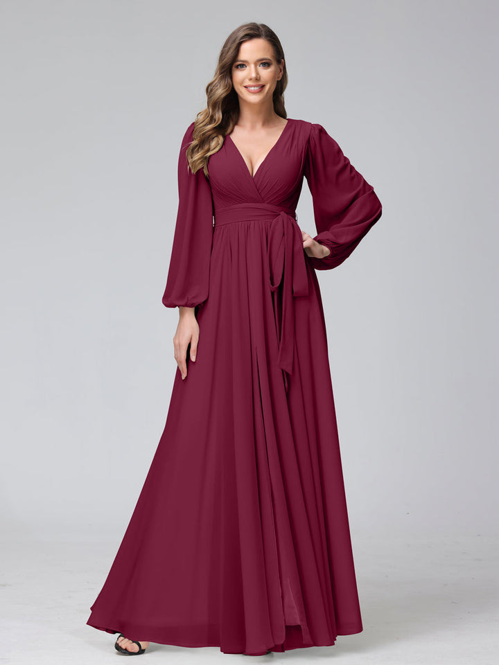 Ligne A Col en V Manches Longues Mousseline Long Robes de Demoiselle d'Honneur avec Froufrous Côté Divisé