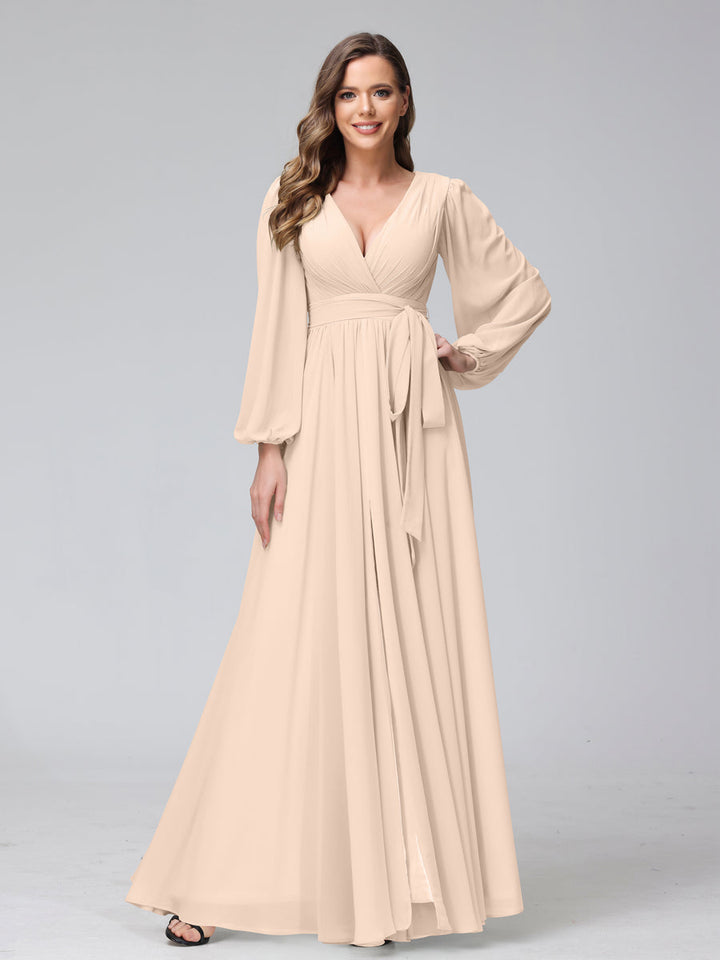 Ligne A Col en V Manches Longues Mousseline Long Robes de Demoiselle d'Honneur avec Froufrous Côté Divisé