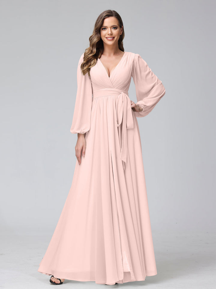 Ligne A Col en V Manches Longues Mousseline Long Robes de Demoiselle d'Honneur avec Froufrous Côté Divisé