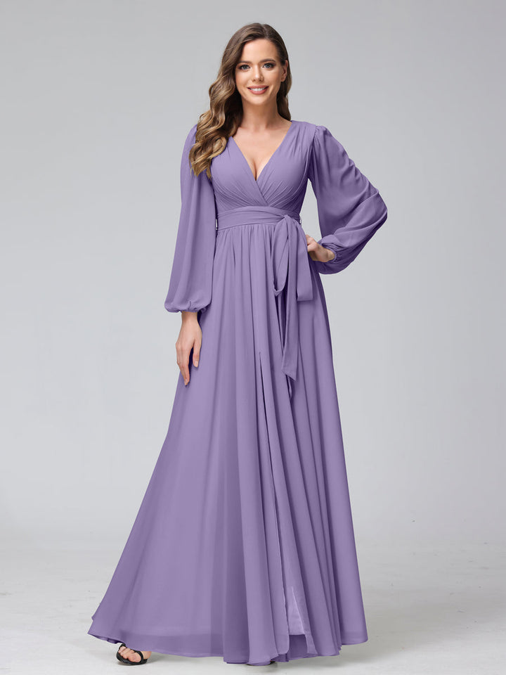 Ligne A Col en V Manches Longues Mousseline Long Robes de Demoiselle d'Honneur avec Froufrous Côté Divisé