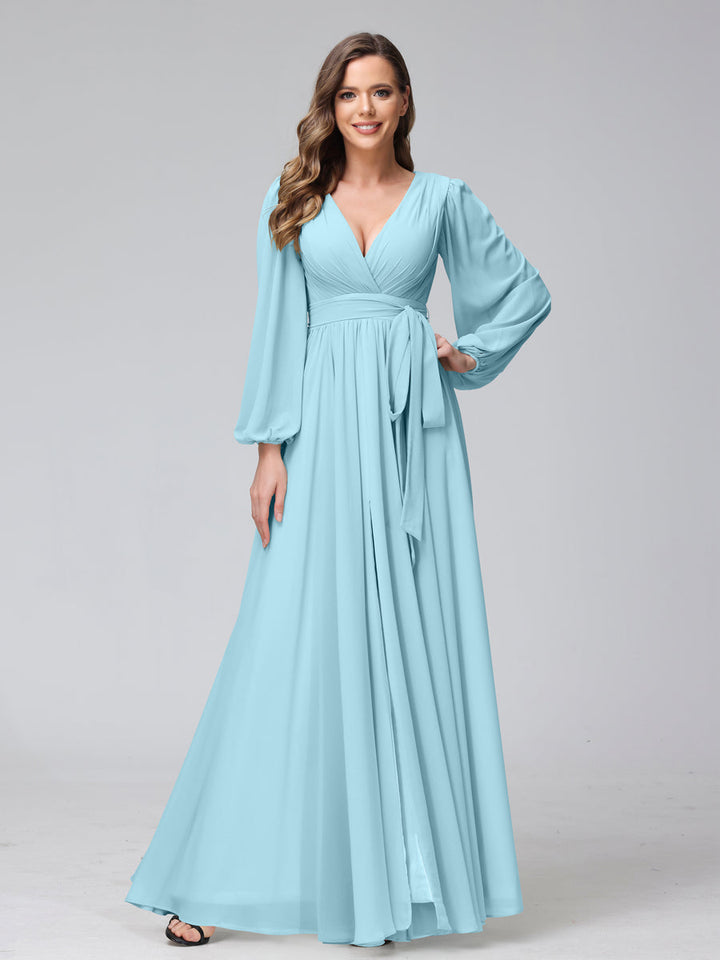 Ligne A Col en V Manches Longues Mousseline Long Robes de Demoiselle d'Honneur avec Froufrous Côté Divisé