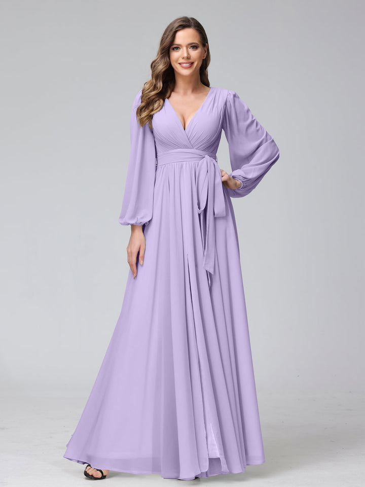 Ligne A Col en V Manches Longues Mousseline Long Robes de Demoiselle d'Honneur avec Froufrous Côté Divisé
