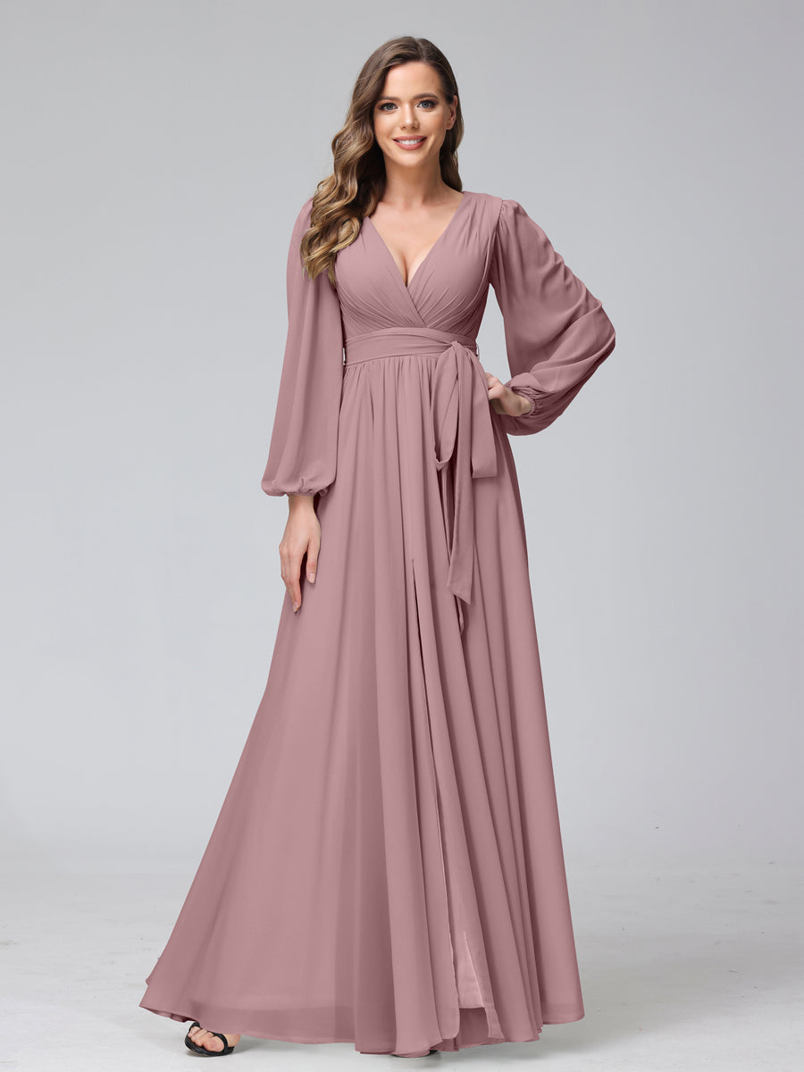 Ligne A Col en V Manches Longues Mousseline Long Robes de Demoiselle d'Honneur avec Froufrous Côté Divisé