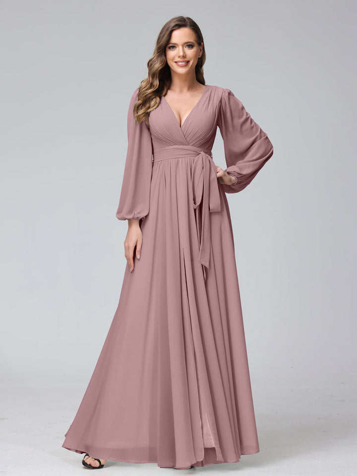 Ligne A Col en V Manches Longues Mousseline Long Robes de Demoiselle d'Honneur avec Froufrous Côté Divisé