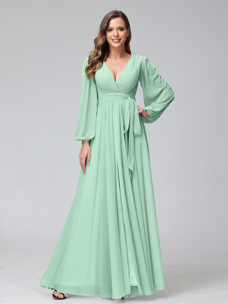 Ligne A Col en V Manches Longues Mousseline Long Robes de Demoiselle d'Honneur avec Froufrous Côté Divisé