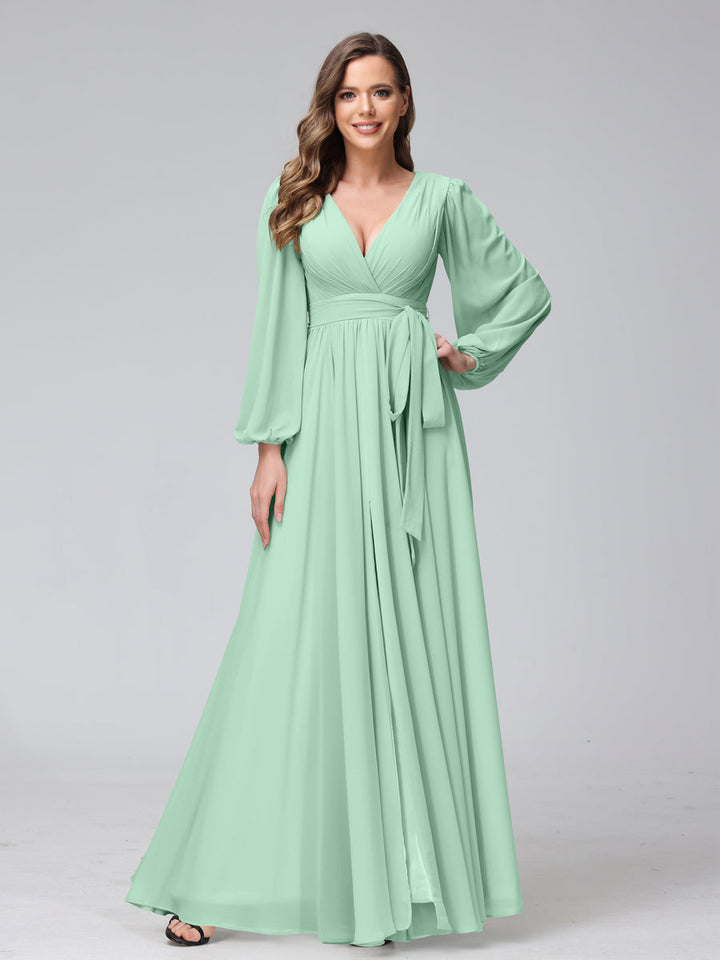 Ligne A Col en V Manches Longues Mousseline Long Robes de Demoiselle d'Honneur avec Froufrous Côté Divisé