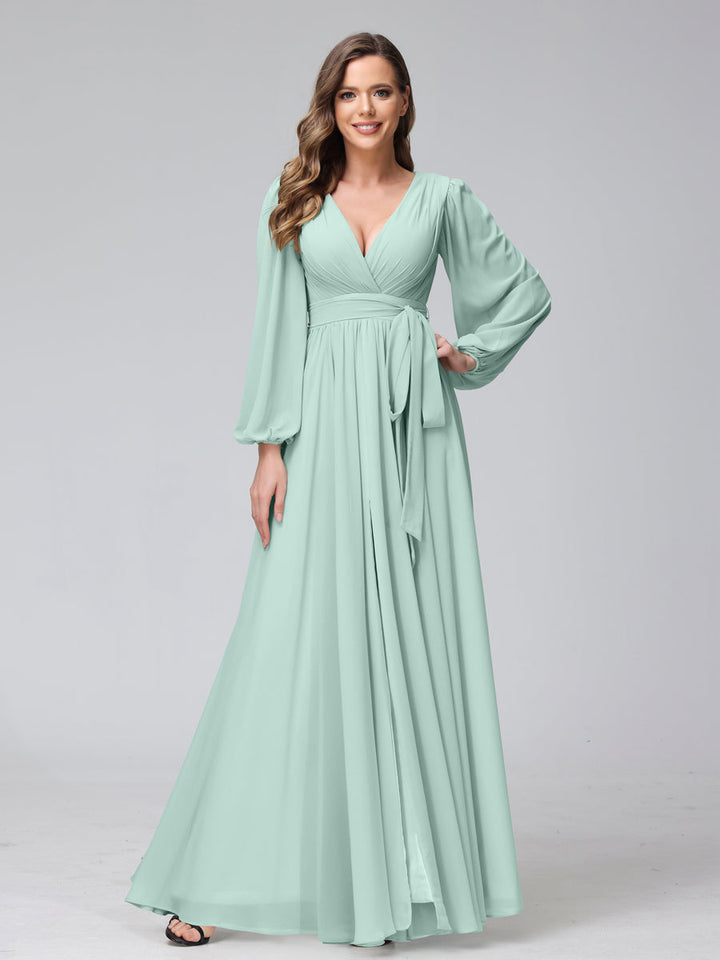 Ligne A Col en V Manches Longues Mousseline Long Robes de Demoiselle d'Honneur avec Froufrous Côté Divisé