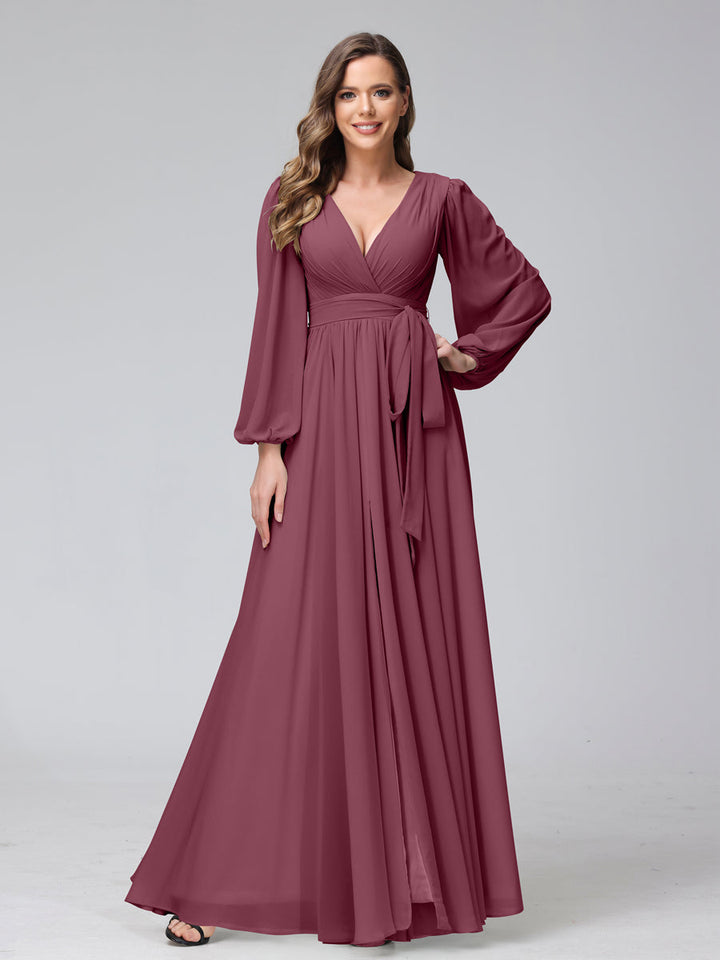 Ligne A Col en V Manches Longues Mousseline Long Robes de Demoiselle d'Honneur avec Froufrous Côté Divisé