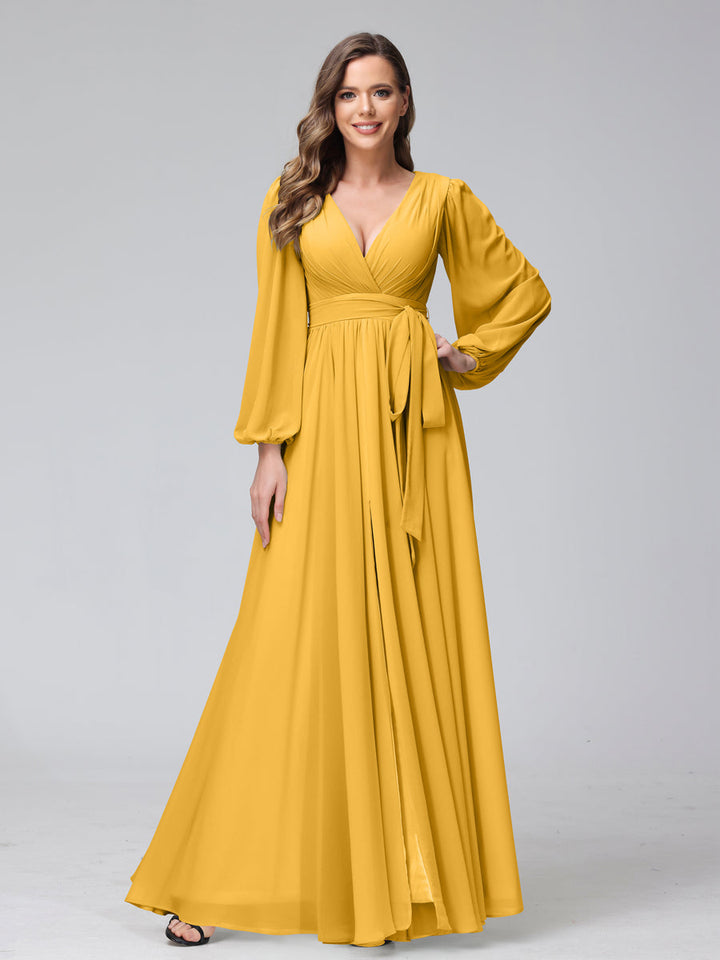 Ligne A Col en V Manches Longues Mousseline Long Robes de Demoiselle d'Honneur avec Froufrous Côté Divisé