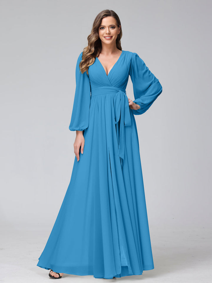 Ligne A Col en V Manches Longues Mousseline Long Robes de Demoiselle d'Honneur avec Froufrous Côté Divisé