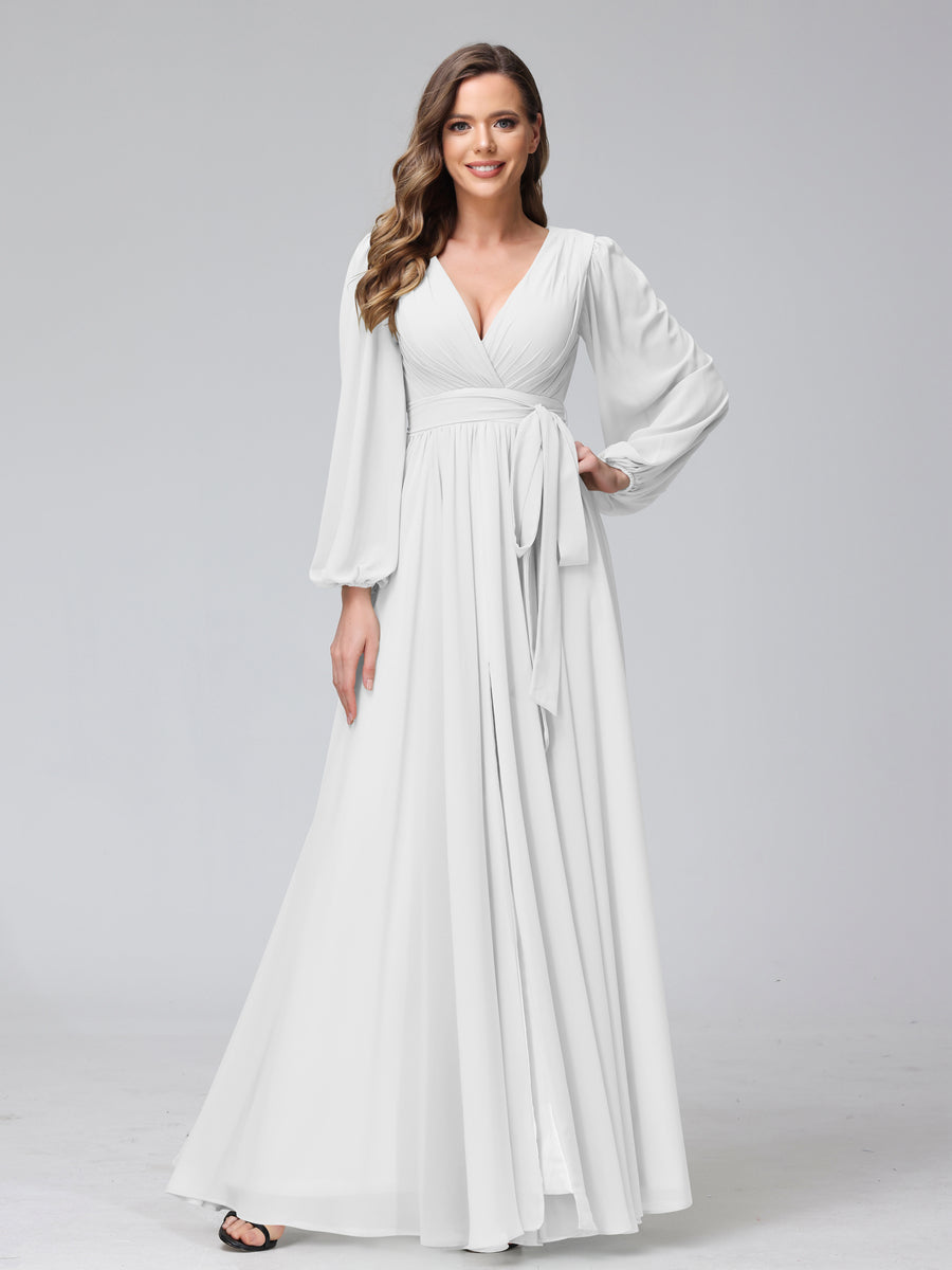 Ligne A Col en V Manches Longues Mousseline Long Robes de Demoiselle d'Honneur avec Froufrous Côté Divisé