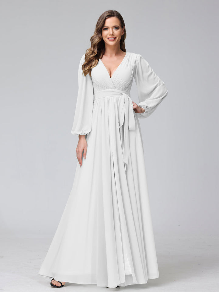 Ligne A Col en V Manches Longues Mousseline Long Robes de Demoiselle d'Honneur avec Froufrous Côté Divisé