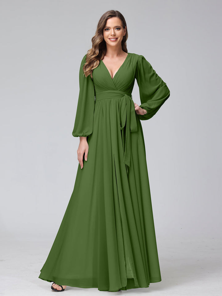 Ligne A Col en V Manches Longues Mousseline Long Robes de Demoiselle d'Honneur avec Froufrous Côté Divisé