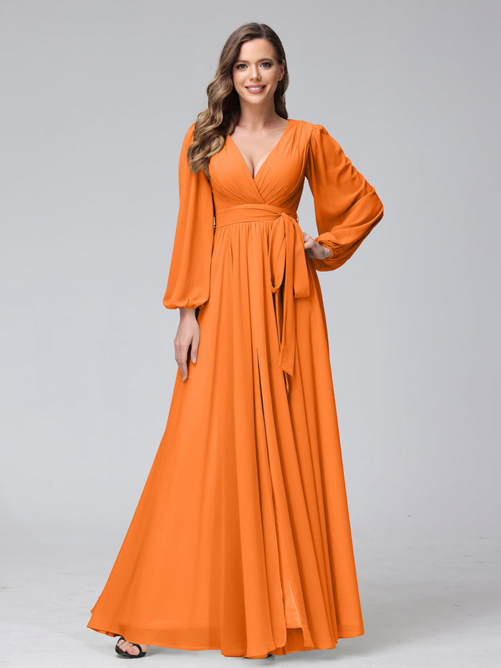 Ligne A Col en V Manches Longues Mousseline Long Robes de Demoiselle d'Honneur avec Froufrous Côté Divisé
