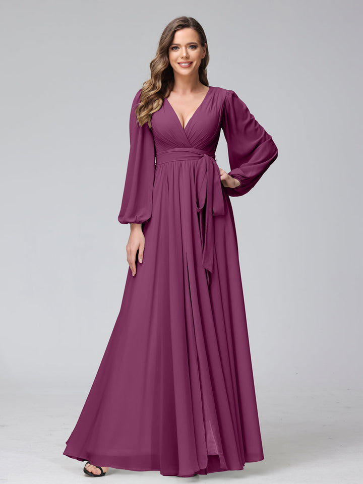 Ligne A Col en V Manches Longues Mousseline Long Robes de Demoiselle d'Honneur avec Froufrous Côté Divisé