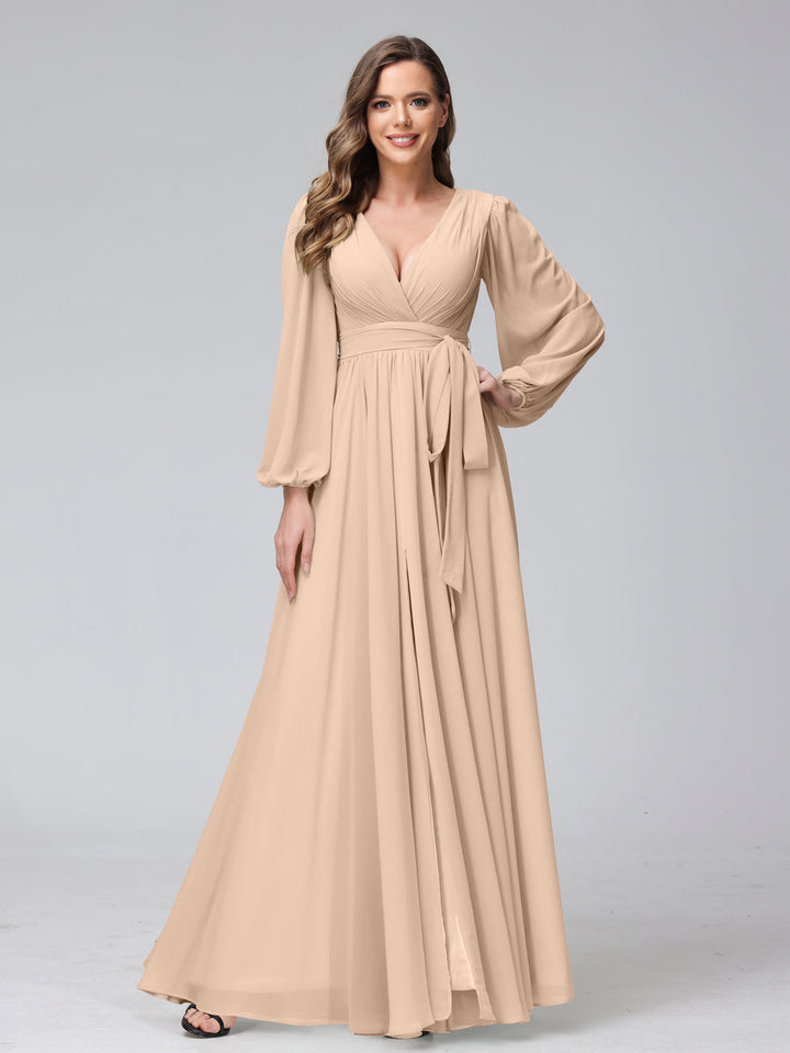 Ligne A Col en V Manches Longues Mousseline Long Robes de Demoiselle d'Honneur avec Froufrous Côté Divisé