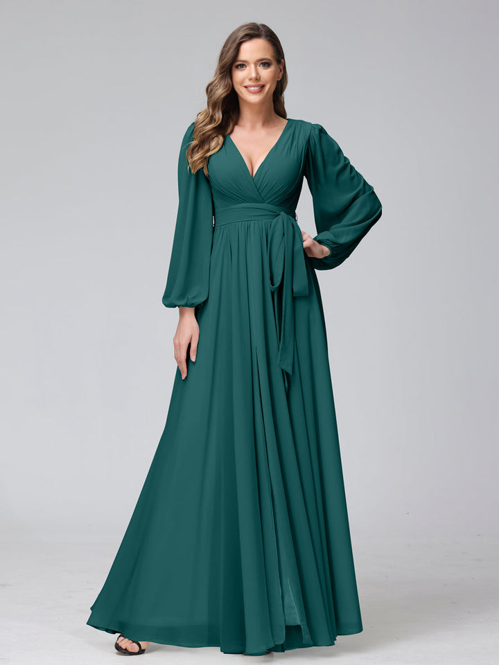 Ligne A Col en V Manches Longues Mousseline Long Robes de Demoiselle d'Honneur avec Froufrous Côté Divisé