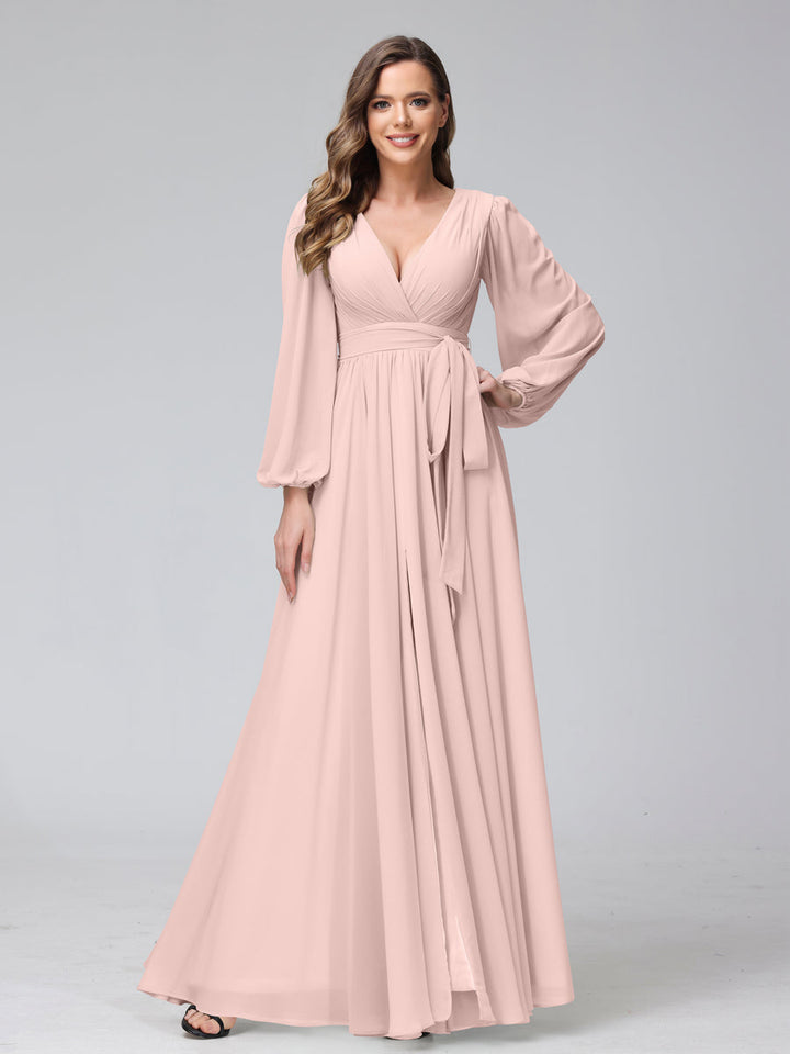 Ligne A Col en V Manches Longues Mousseline Long Robes de Demoiselle d'Honneur avec Froufrous Côté Divisé